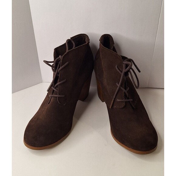 TOMS Lunata Brown Suede Heeled Lace Up Ankle Boots Women's Sz 8 Bohemian Hippie - Picture 3 of 11